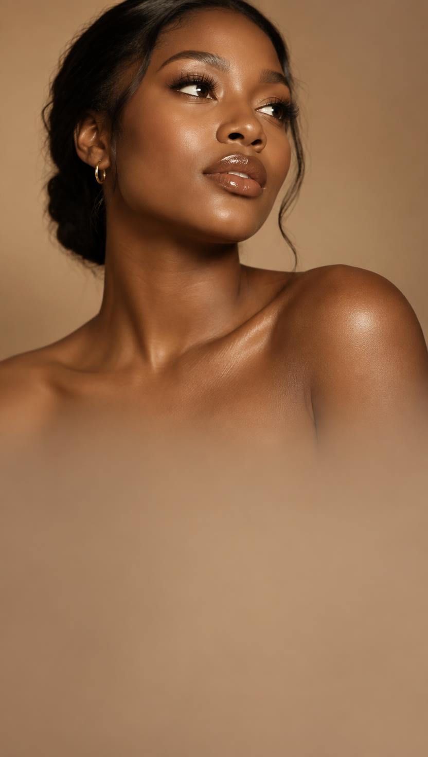 Woman with glowing skin, gold hoop earring